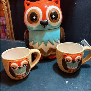 Vintage-Style 3D Owl Ceramic Set – Cookie Jar & 2 Matching Mugs CUTE!!